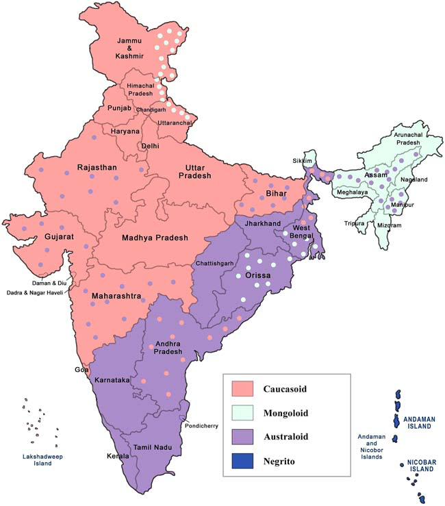 Map of India showing the distribution of the four major morphological types, namely, Caucasoid, Mongoloid, Australoid and Negrito.
